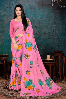 Pink Bright Chiffon Flower Printed Designer Saree 1