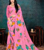 Pink Bright Chiffon Flower Printed Designer Saree