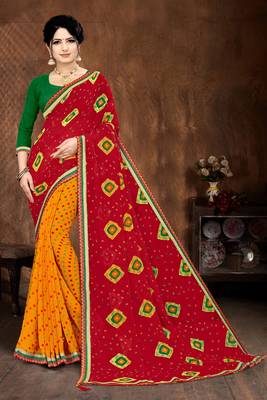Red and Yellow Georgette Bandhani Printed Designer Saree 1