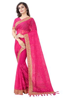 magenta net embroidered   saree with blouse 1