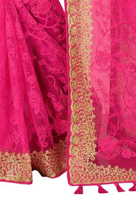 magenta net embroidered   saree with blouse 2
