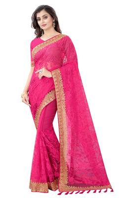 magenta net embroidered   saree with blouse 3