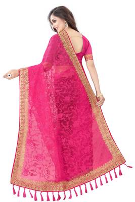magenta net embroidered   saree with blouse 4
