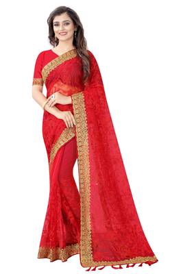 red net embroidered   saree with blouse 1