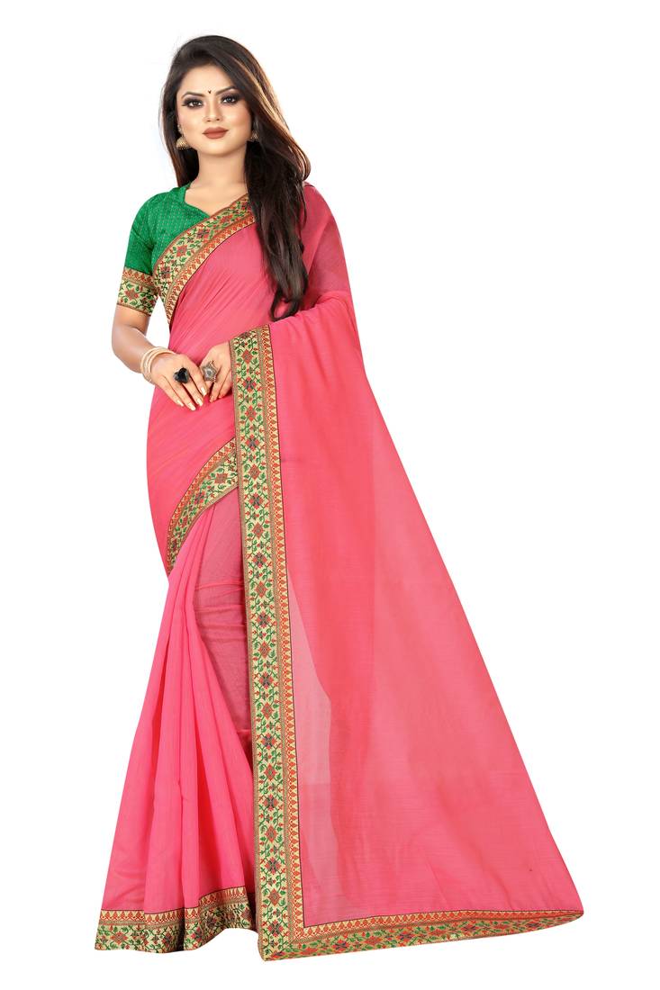 pink cotton plain   saree with blouse