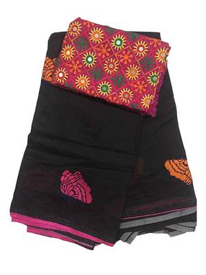 black cotton embroidered   saree with blouse 1