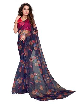Purple organza plain  saree with blouse 1