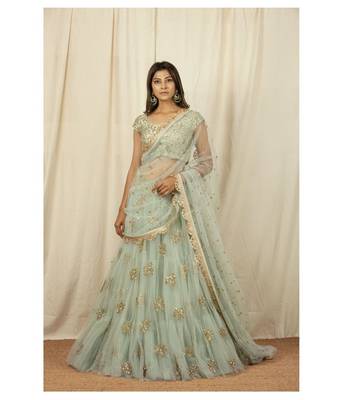 Olive Green Embrodary Work  Net with Raw Silk  Cancan Lehenga Choli 1