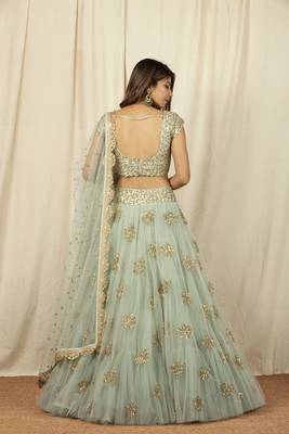 Olive Green Embrodary Work  Net with Raw Silk  Cancan Lehenga Choli 3