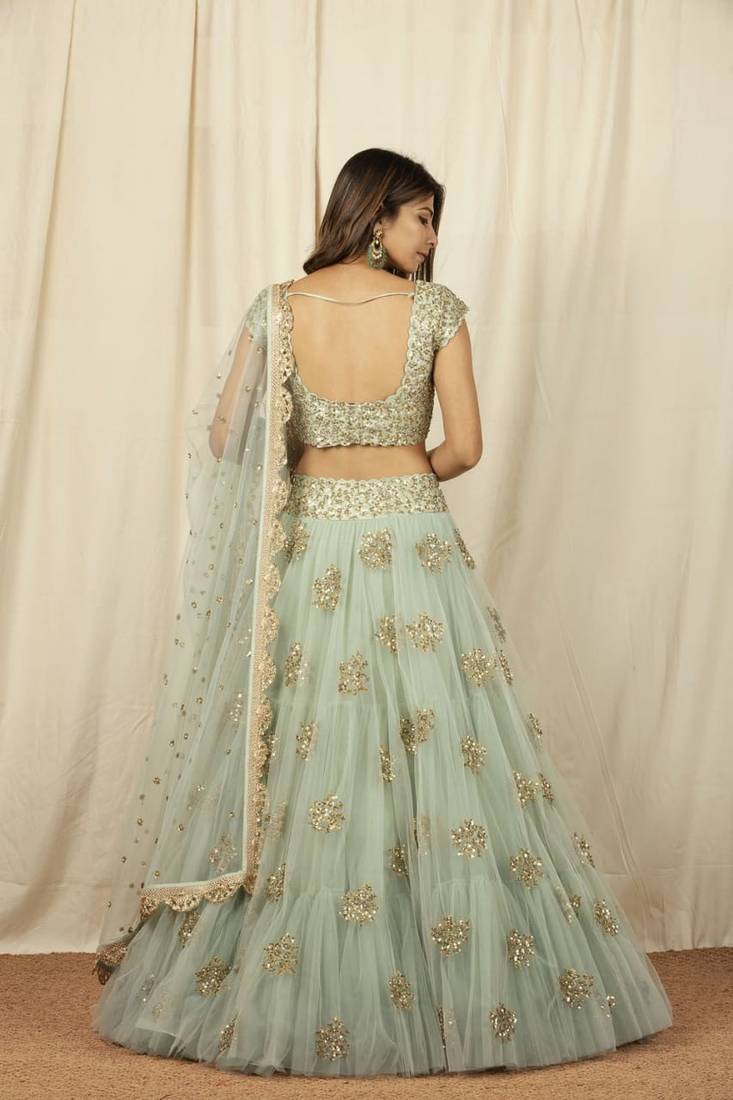 Olive Green Embrodary Work  Net with Raw Silk  Cancan Lehenga Choli