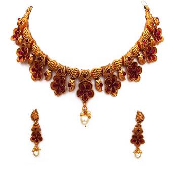 Red gold plated antique gold Copper   Necklace  Pair of Earring 3