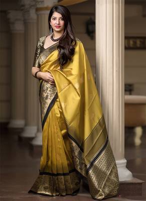 Mustard woven Banarasi silk blend saree with blouse 1