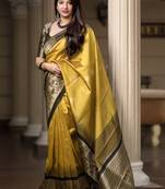 Mustard woven Banarasi silk blend saree with blouse