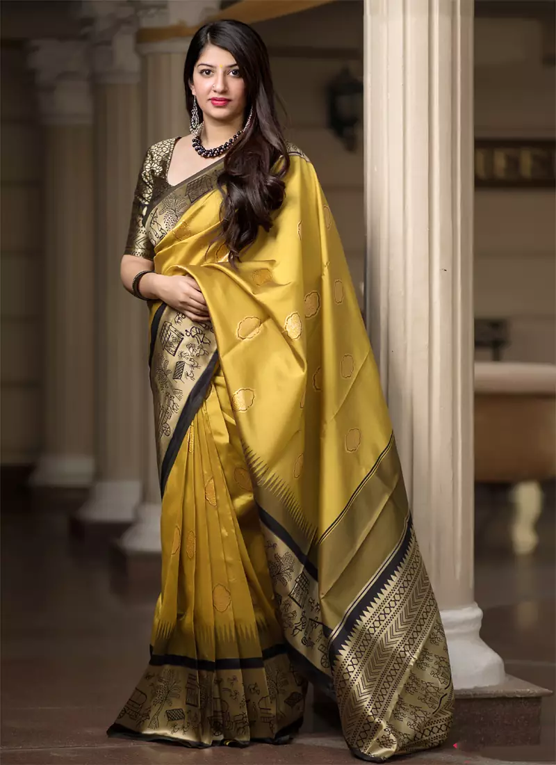 Mustard woven banarasi silk blend saree with blouse