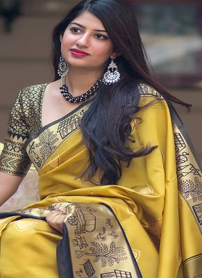 Mustard woven Banarasi silk blend saree with blouse 4