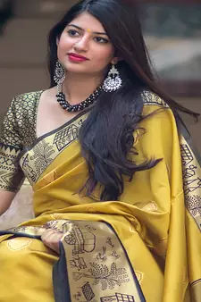 Mustard woven Banarasi silk blend saree with blouse