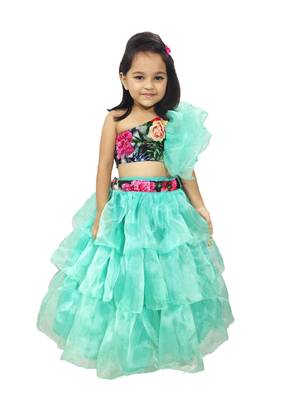 Anitabalia_label BABY GIRL'Organza  Blouse, with beautiful Rose Flower sleeve, LEHENGA CHOLI FULLY STITCHED.Seagreen 3
