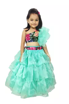 Anitabalia_label BABY GIRL'Organza  Blouse, with beautiful Rose Flower sleeve, LEHENGA CHOLI FULLY STITCHED.Seagreen