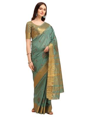 Turquoise embroidered banarasi cotton saree with blouse 1