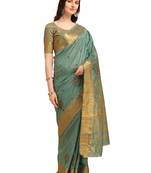 Turquoise embroidered banarasi cotton saree with blouse