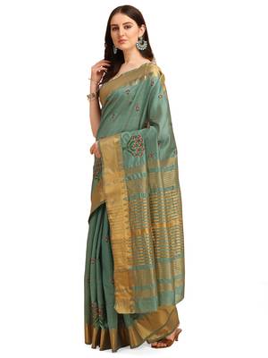 Turquoise embroidered banarasi cotton saree with blouse 2