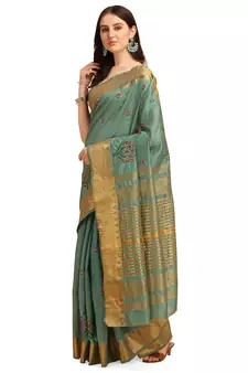 Turquoise embroidered banarasi cotton saree with blouse
