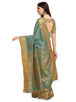 Turquoise embroidered banarasi cotton saree with blouse 3