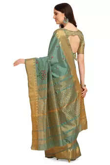 Turquoise embroidered banarasi cotton saree with blouse