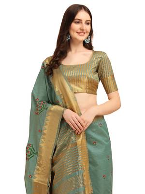 Turquoise embroidered banarasi cotton saree with blouse 4