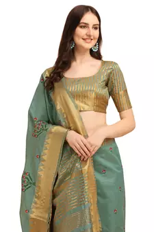 Turquoise embroidered banarasi cotton saree with blouse