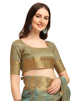 Turquoise embroidered banarasi cotton saree with blouse 5