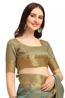 Turquoise embroidered banarasi cotton saree with blouse