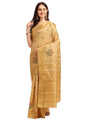 Cream embroidered banarasi cotton saree with blouse 1