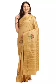 Cream embroidered banarasi cotton saree with blouse