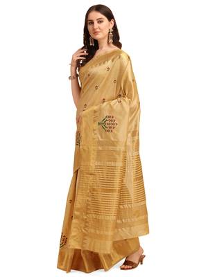 Cream embroidered banarasi cotton saree with blouse 2