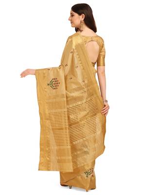 Cream embroidered banarasi cotton saree with blouse 3