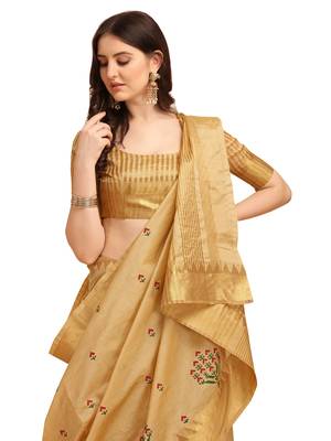 Cream embroidered banarasi cotton saree with blouse 4
