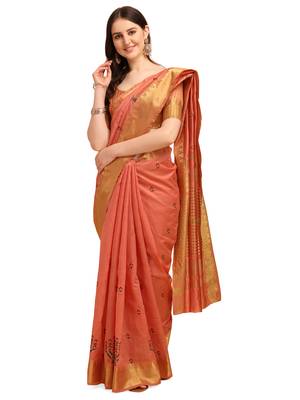 Peach embroidered banarasi cotton saree with blouse 1