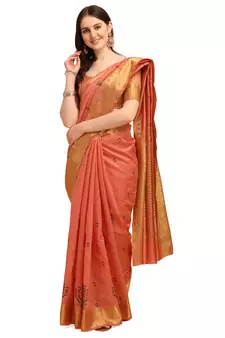 Peach embroidered banarasi cotton saree with blouse