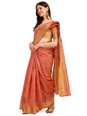 Peach embroidered banarasi cotton saree with blouse 2