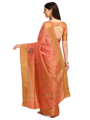 Peach embroidered banarasi cotton saree with blouse 3