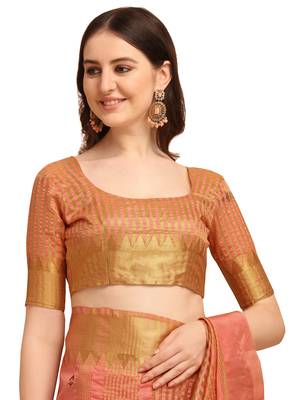 Peach embroidered banarasi cotton saree with blouse 5