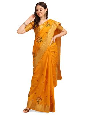Yellow embroidered banarasi cotton saree with blouse 1
