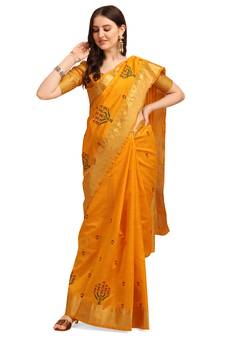 Yellow embroidered banarasi cotton saree with blouse