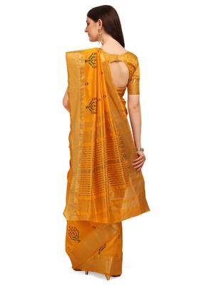 Yellow embroidered banarasi cotton saree with blouse 3