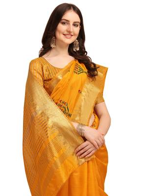 Yellow embroidered banarasi cotton saree with blouse 4