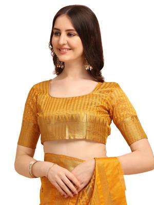 Yellow embroidered banarasi cotton saree with blouse 5