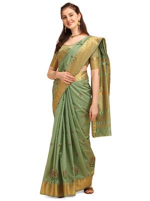 Sea green embroidered banarasi cotton saree with blouse 1
