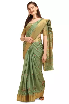 Sea green embroidered banarasi cotton saree with blouse