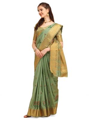 Sea green embroidered banarasi cotton saree with blouse 2